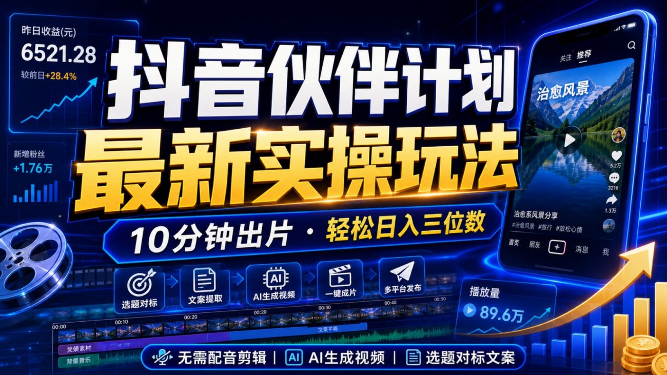 抖音伙伴计划最新暴利玩法，不用找素材和剪辑，10分钟出一条原创视频，轻松日入三位数-离锋创库