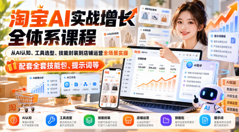 淘宝AI实战增长全体系课程，从AI认知、工具选型、技能封装到店铺运营全场景实操，配套全套技能包、提示词等-离锋创库