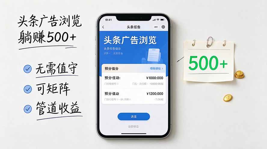 （20835期）头条广告浏览躺赚500+无需值守，可矩阵并附有管道收益-离锋创库