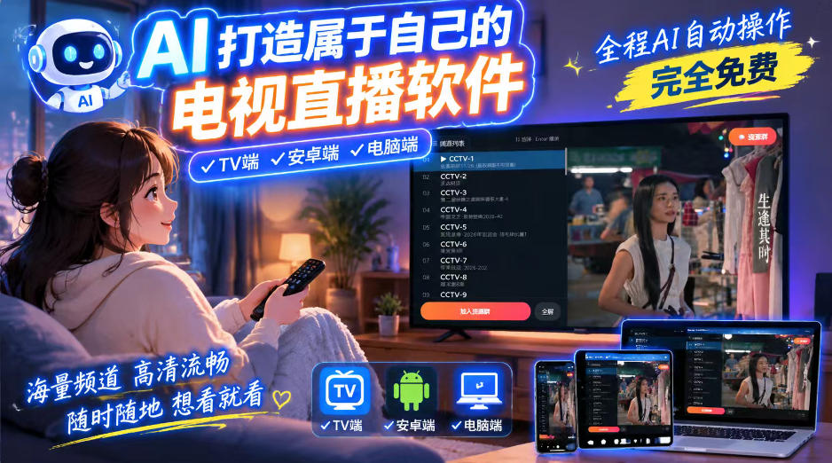 一个提示词，AI全自动做出电视直播软件，电脑、安卓、电视三端通用，完全免费，画质流畅不卡顿-离锋创库