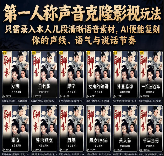 第一人称声音克隆影视玩法，只需录入本人几段清晰语音素材，AI便能复刻你的声线、语气与说话节奏-离锋创库
