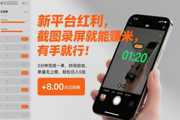 新平台红利,截图录屏就能賺米,有手就行!2分钟完成一单,时间自由,单量无上限,轻松日入5张【揭秘】-离锋创库