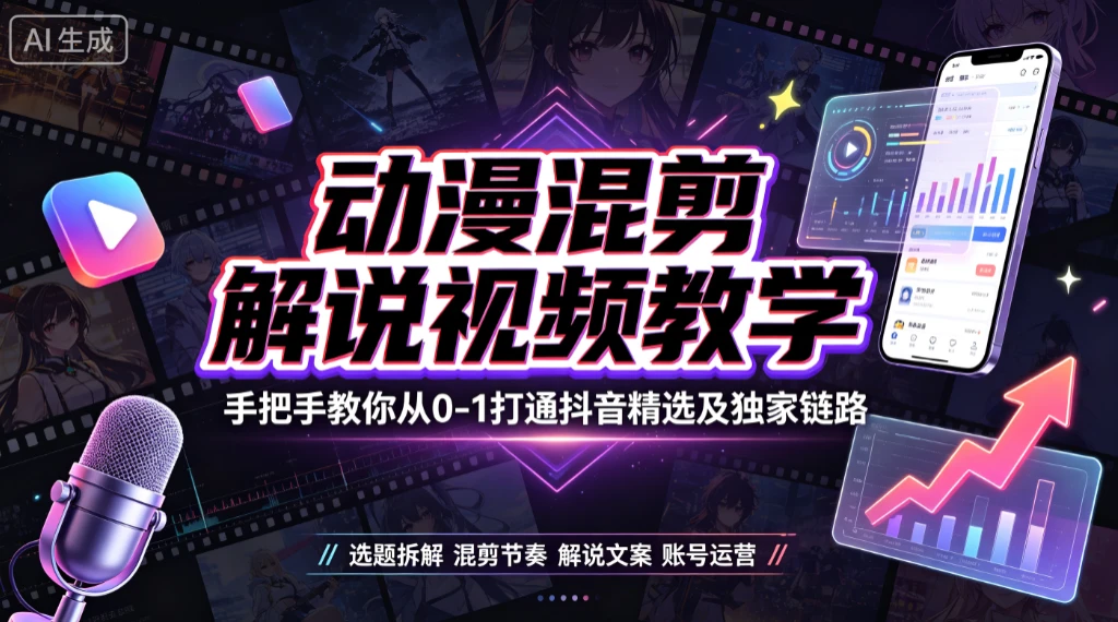 【精】抖音某大佬的动漫混剪解说视频教学,手把手教你从0-1打通抖音精选及独家链路-离锋创库