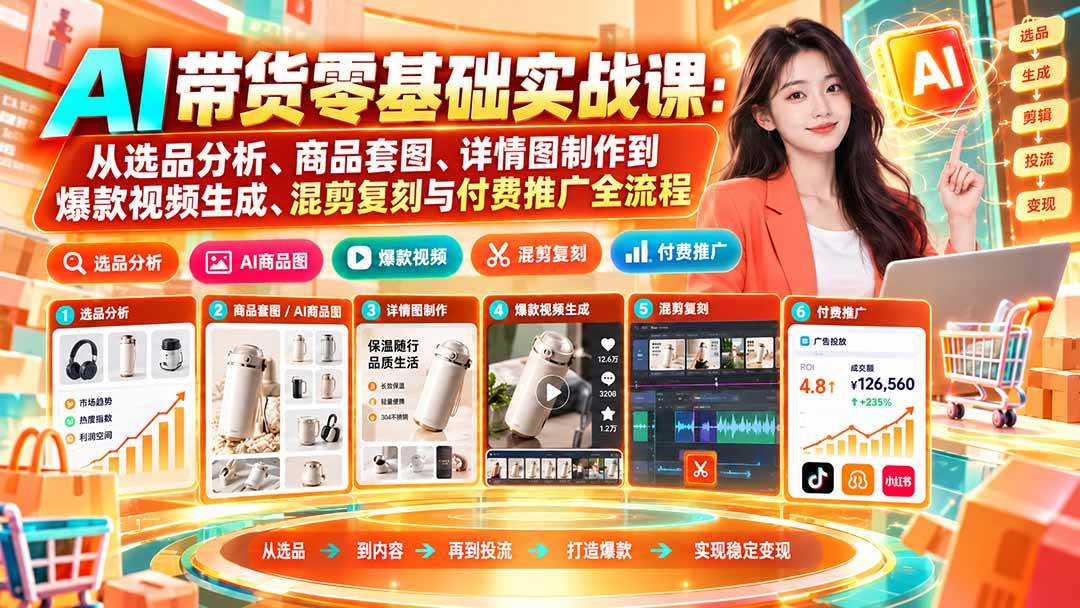 （20856期）AI带货零基础实战课：从选品分析、商品套图、详情图制作到爆款视频生成、混剪复刻与付费推广全流程-离锋创库