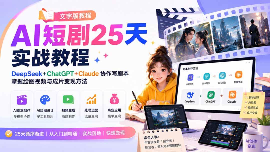 （20225期）AI短剧25天实战教程（文字版教程）：DeepSeek+ChatGPT+Claude协作写剧本，掌握绘图视频与成片变现方法-离锋创库