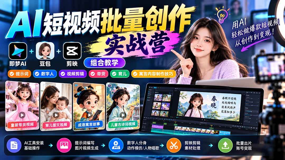 （21039期）【无水印】AI短视频批量创作实战营：即梦+豆包+剪映组合教学，提示词/数字人/视频剪辑/带货/育儿/寓言内容制作技巧-离锋创库