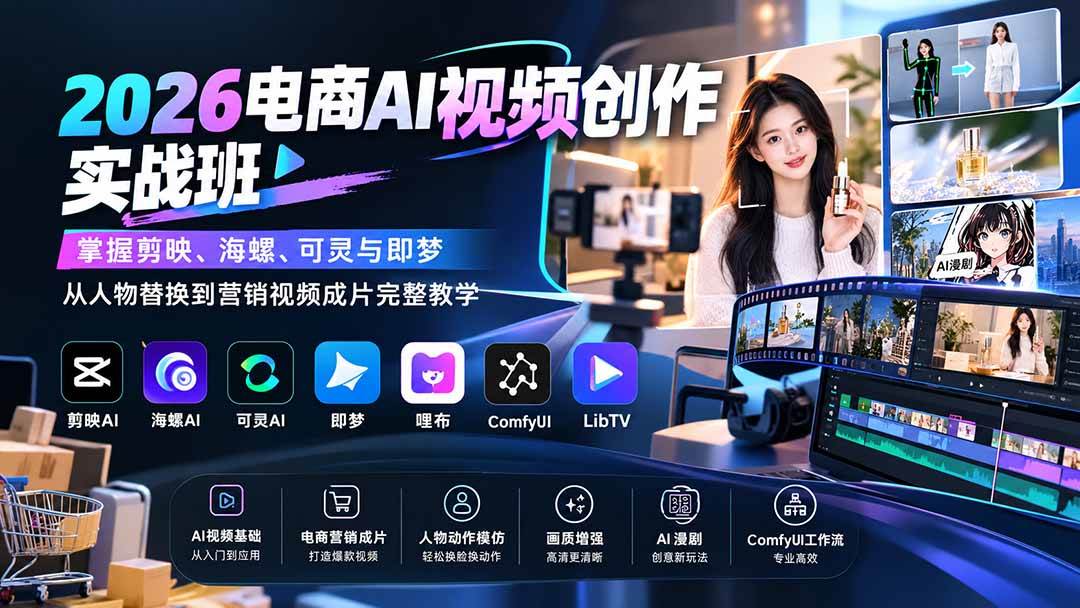 (20466期)2026电商AI视频创作实战班:掌握剪映、海螺、可灵与即梦,从人物替换到营销视频成片完整教学 (20466期)2026电商AI视频创作实战班:掌握剪映、海螺、可灵与即梦,从人物替换到营销视频成片完整教学