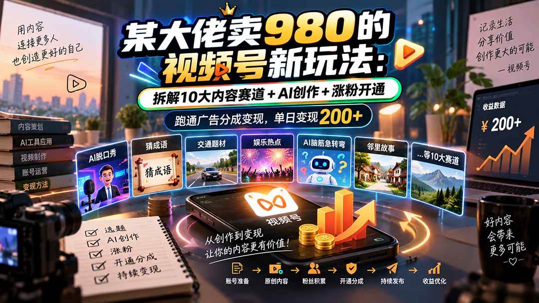 （20573期）某大佬卖980的视频号新玩法：拆解10大内容赛道+AI创作+涨粉开通，跑通广告分成变现，单日变现200+-离锋创库