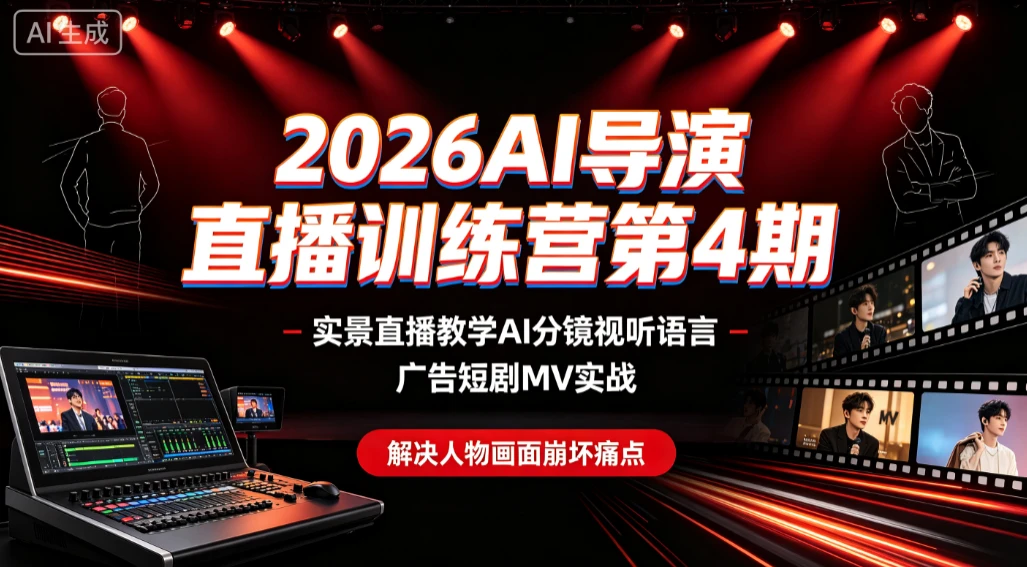 【精】2026AI导演直播训练营第4期,实景直播教学AI分镜视听语言,广告短剧MV实战,解决人物画面崩坏痛点-离锋创库