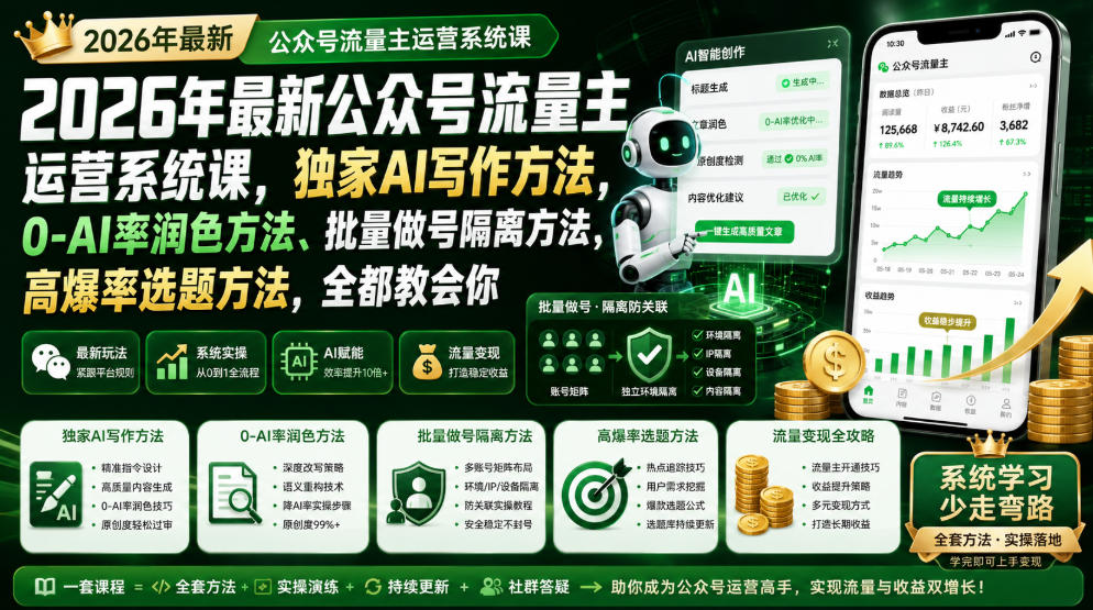 2026年最新公众号流量主运营系统课，独家AI写作方法，0-AI率润色方法、批量做号隔离方法、高爆率选题方法，全都教会你（更新1009）-离锋创库