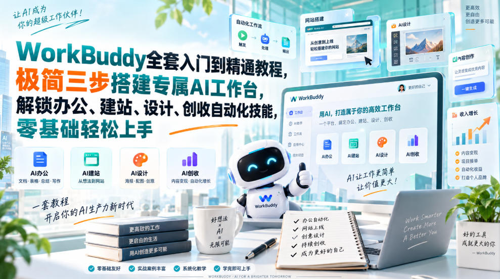 WorkBuddy全套入门到精通教程,极简三步搭建专属AI工作台,解锁办公、建站、设计、创收自动化技能,零基础轻松上手 WorkBuddy全套入门到精通教程,极简三步搭建专属AI工作台,解锁办公、建站、设计、创收自动化技能,零基础轻松上手