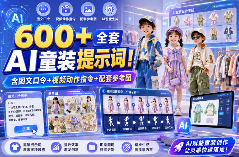 600+全套AI童装提示词！含图文口令+视频动作指令+配套参考图，Word-Excel规整分类，童装电商、种草无脑量产内容！-离锋创库