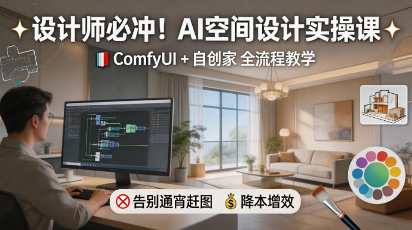 设计师必冲！AI空间设计实操课，ComfyUI+自创家全教学，告别通宵赶图，降本增效-离锋创库