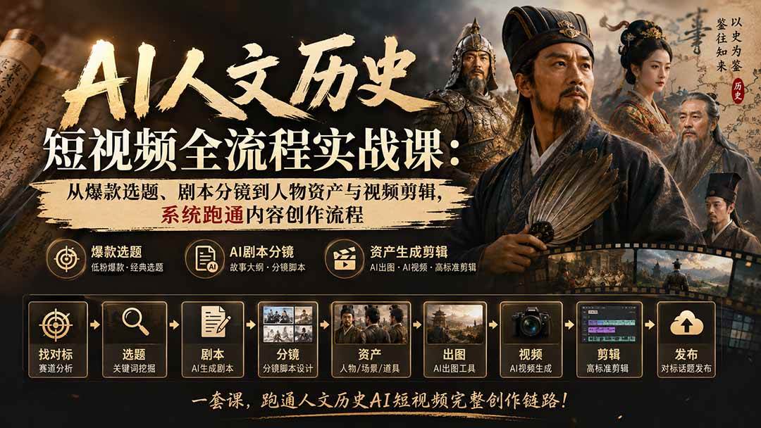【精】AI人文历史短视频全流程实战课：从爆款选题、剧本分镜到人物资产与视频剪辑，系统跑通内容创作流程-离锋创库