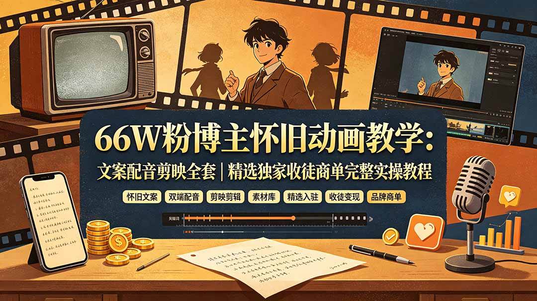 （19499期）66W粉博主怀旧动画教学：文案配音剪映全套｜精选独家收徒商单完整实操教程-离锋创库