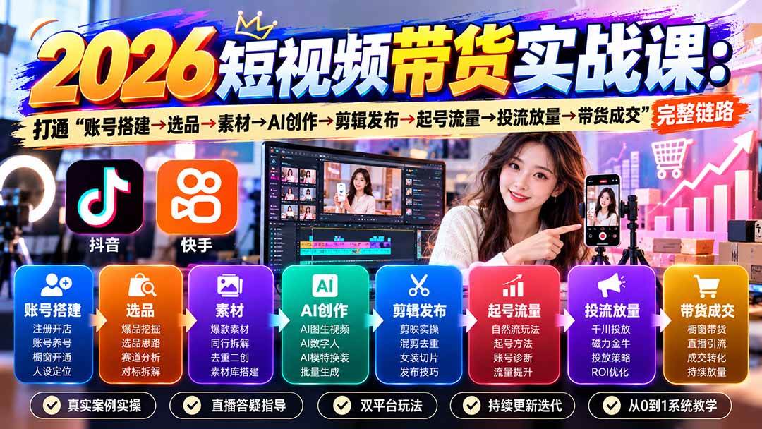 (20731期)2026短视频带货实战课9月:打通“账号搭建→选品→素材→AI创作→剪辑发布→起号流量→投流放量→带货成交”完整链路-离锋创库