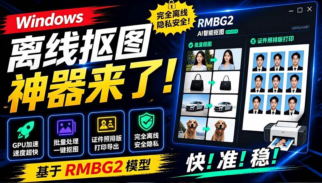 (19357期)Windows离线抠图神器来了!支持批量抠图 + 证件照排版打印,基于RMBG2模型,GPU加速 方块AI抠图-离锋创库