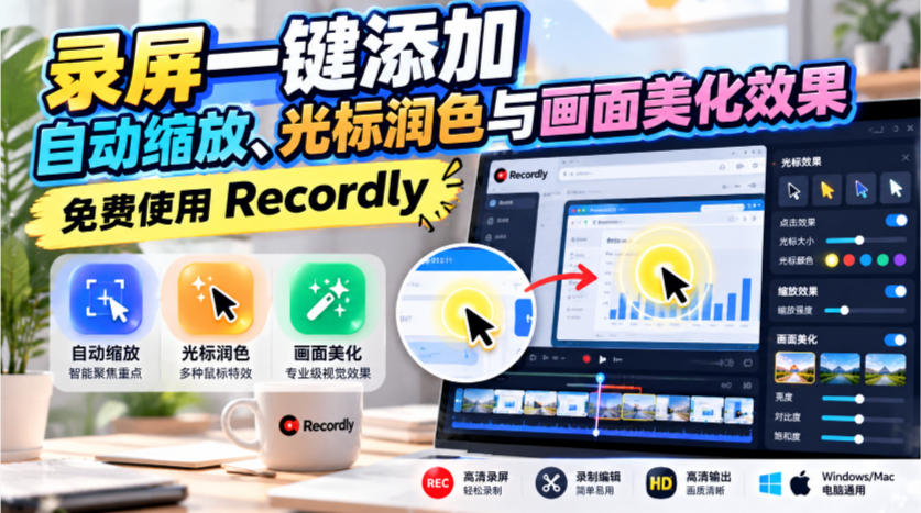 录屏一键添加自动缩放、光标润色与画面美化效果,免费使用Recordly-离锋创库