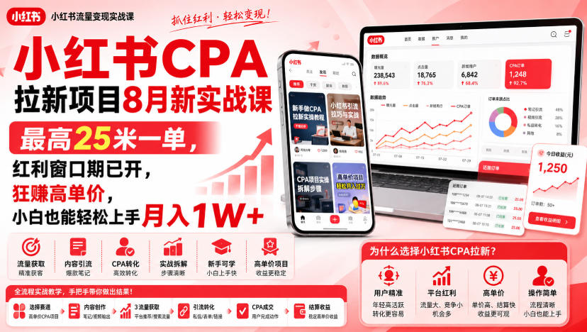 小红书CPA拉新项目8月新实战课，最高25米一单，红利窗口期已开，狂賺高单价，小白也能轻松上手月入1W+-离锋创库