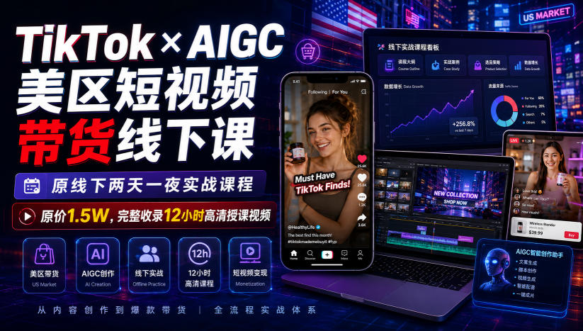 TikTok×AIGC美区短视频带货线下课，原线下两天一夜实战课程，原价1.5W，完整收录12小时高清授课视频-离锋创库