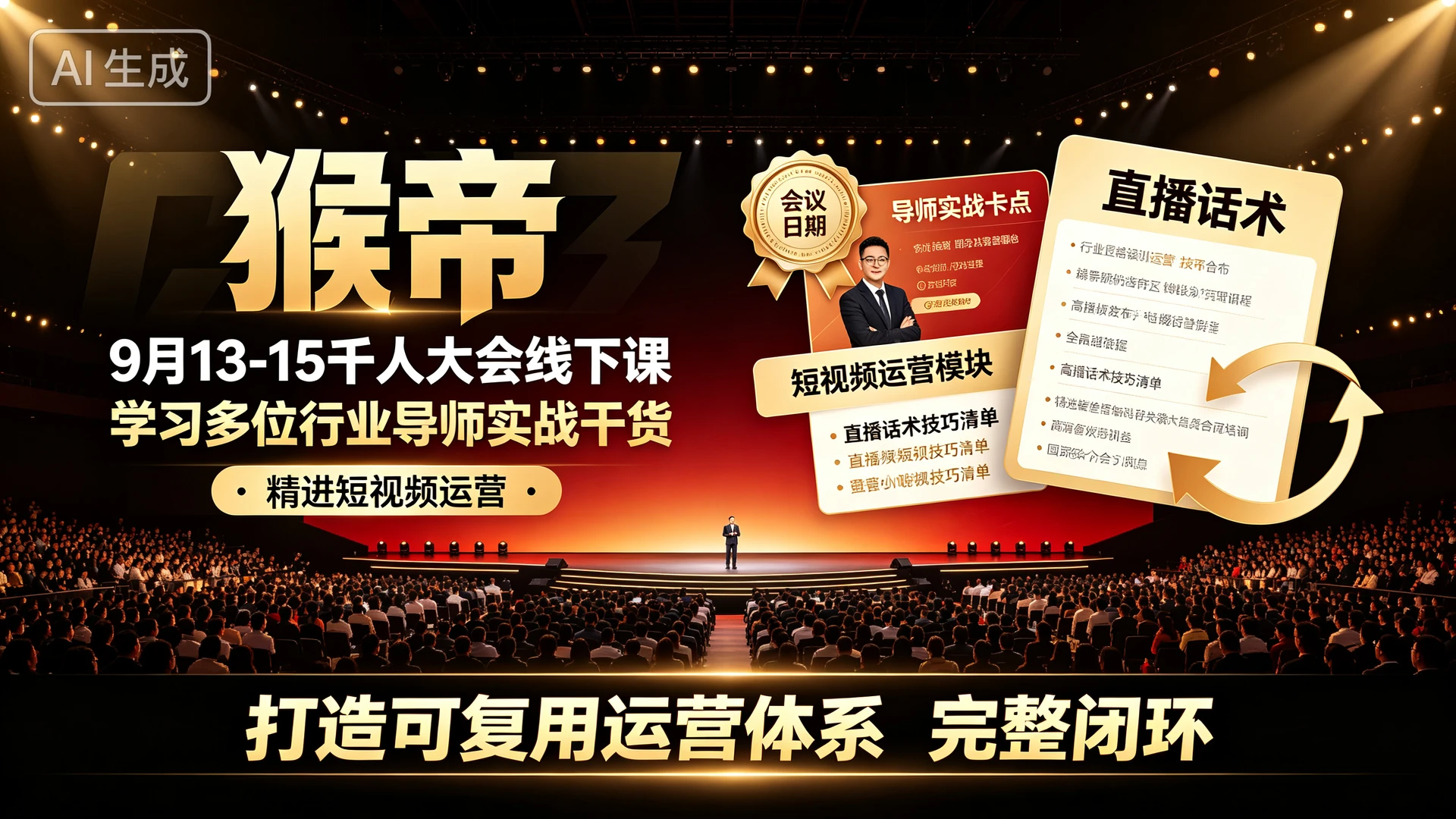 【精】猴帝9月13-15千人大会线下课,带你学习多位行业导师实战干货,精进短视频运营与直播话术打造可复用运营体系的完整闭环 【精】猴帝9月13-15千人大会线下课,带你学习多位行业导师实战干货,精进短视频运营与直播话术打造可复用运营体系的完整闭环