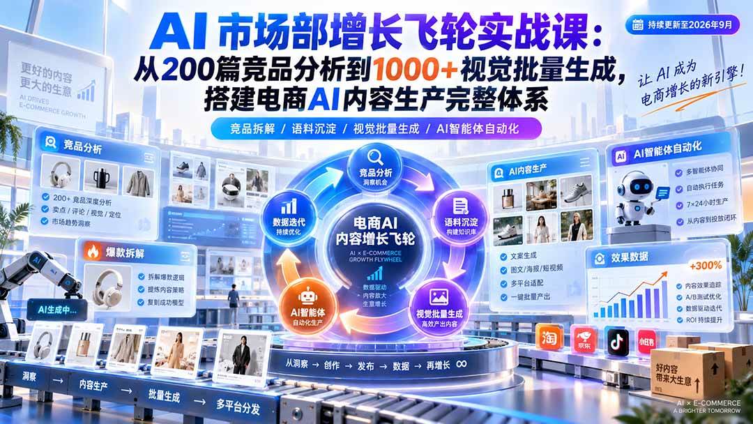 （20436期）AI 市场部增长飞轮实战课：从200篇竞品分析到1000+视觉批量生成，搭建电商AI内容生产完整体系-离锋创库