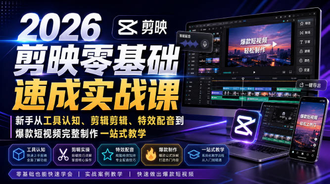 2026剪映零基础速成实战课｜新手从工具认知、剪辑剪辑、特效配音到爆款短视频完整制作一站式教学-离锋创库