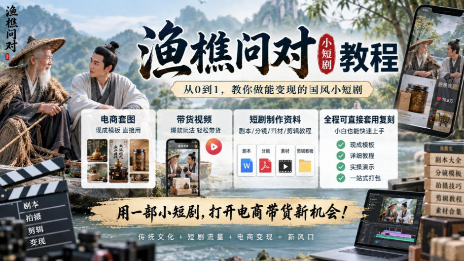 渔樵问对小短剧教程，包含电商套图、带货视频，短剧制作资料，全程可直接套用复刻-离锋创库