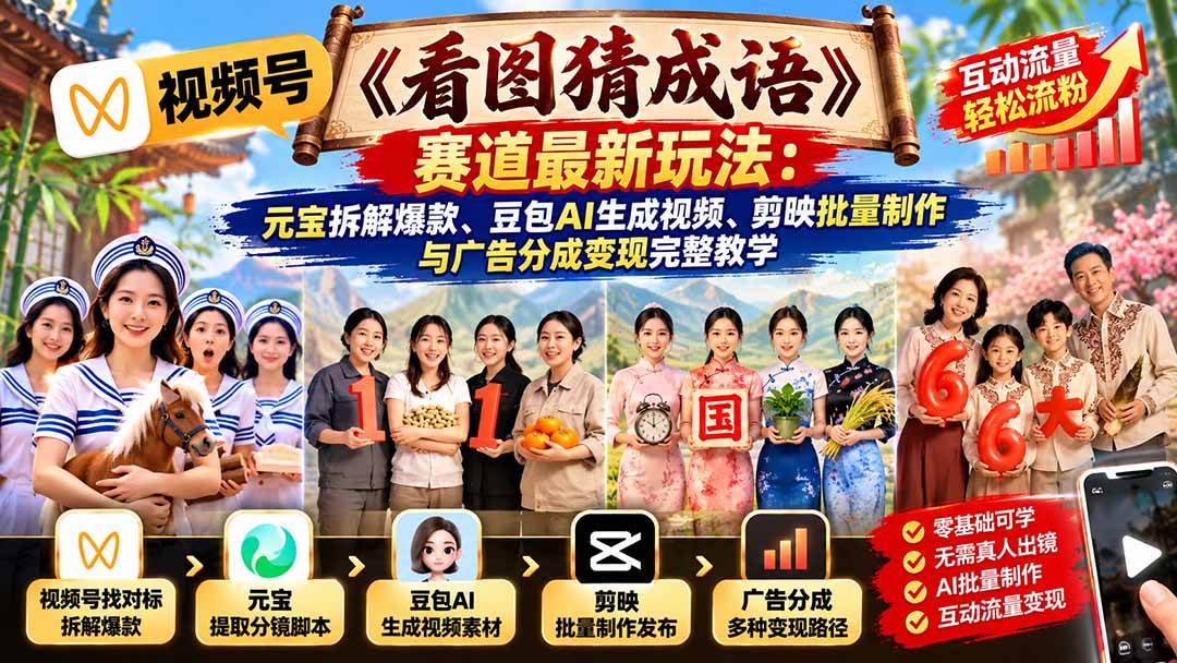 （21060期）视频号《看图猜成语》赛道最新玩法：元宝拆解爆款、豆包AI生成视频、剪映批量制作与广告分成变现完整教学-离锋创库