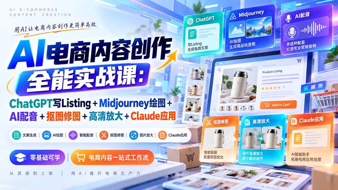 (20770期)【无水印】AI电商内容创作全能实战课:ChatGPT写Listing+Midjourney绘图+AI配音+抠图修图+高清放大+Claude应用-离锋创库