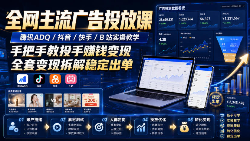 全网主流广告投放课，腾讯ADQ / 抖音 / 快手 / B 站实操教学，手把手教投手赚钱变现，全套变现拆解稳定出单-离锋创库