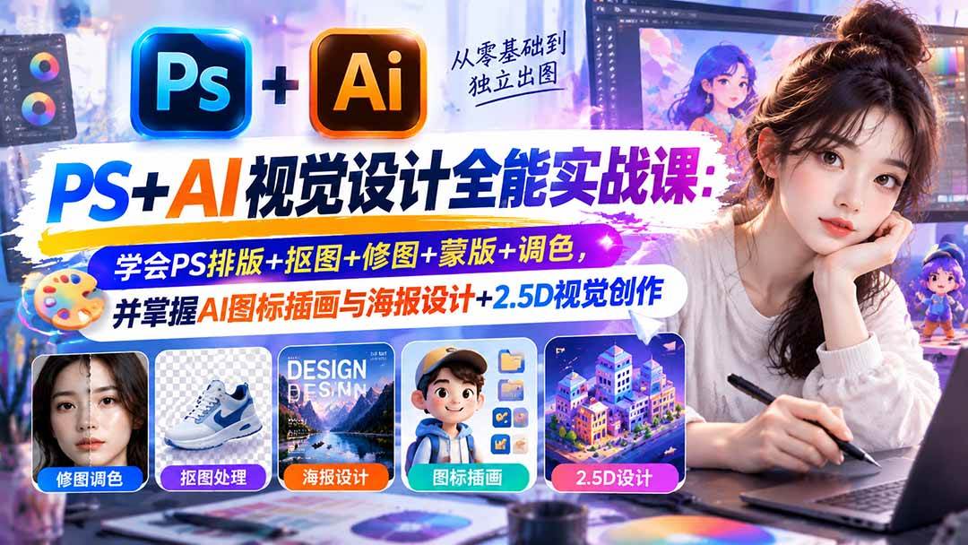（20749期）【无水印】PS+AI视觉设计全能实战课：学会PS排版+抠图+修图+蒙版+调色，并掌握AI图标插画与海报设计+2.5D视觉创作-离锋创库