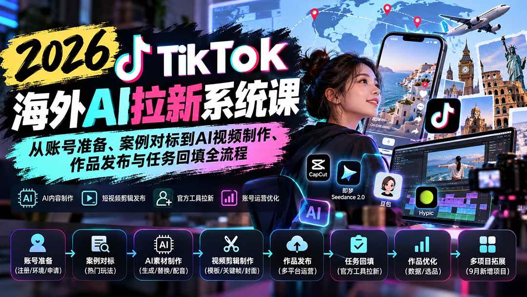 （20675期）【无水印】2026 TikTok海外AI拉新系统课：从账号准备、案例对标到AI视频制作、作品发布与任务回填全流程-离锋创库