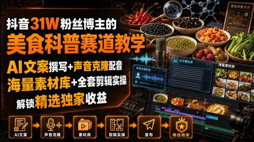 抖音31W粉丝博主的美食科普赛道教学,AI文案撰写+声音克隆配音+剪辑实操,解锁精选独家收益-离锋创库