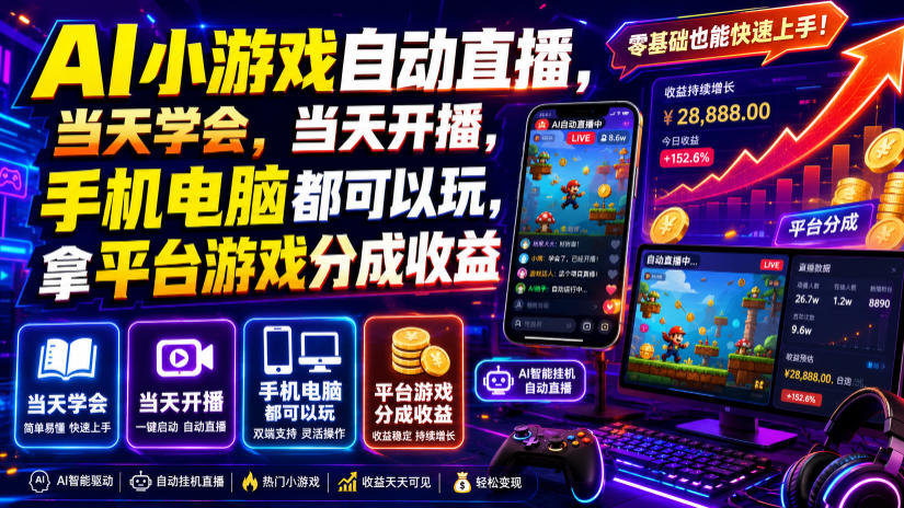 AI小游戏自动直播，当天学会，当天开播，手机电脑都可以玩，拿平台游戏分成收益-离锋创库