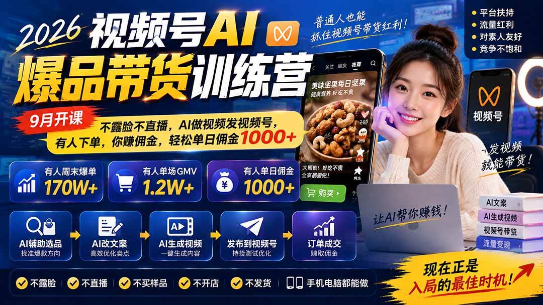 (20537期)2026视频号AI爆品带货训练营-9月开课|不露脸不直播,AI做视频发视频号,有人下单,你赚佣金,轻松单日佣金1000+ (20537期)2026视频号AI爆品带货训练营-9月开课|不露脸不直播,AI做视频发视频号,有人下单,你赚佣金,轻松单日佣金1000+