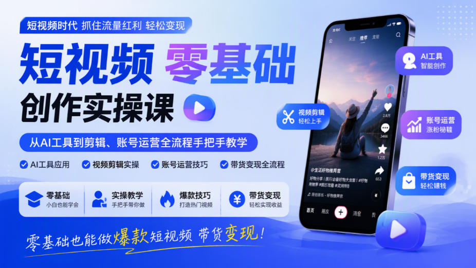 短视频零基础创作实操课,从AI工具到剪辑、账号运营全流程手把手教学,零基础也能做爆款短视频带货变现-离锋创库