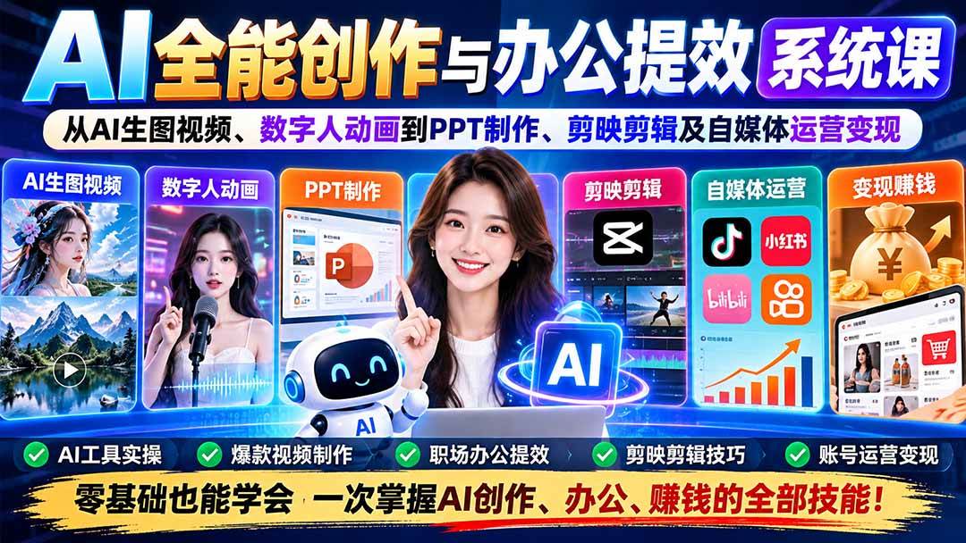 (20885期)AI全能创作与办公提效系统课:从AI生图视频、数字人动画到PPT制作、剪映剪辑及自媒体运营变现-离锋创库