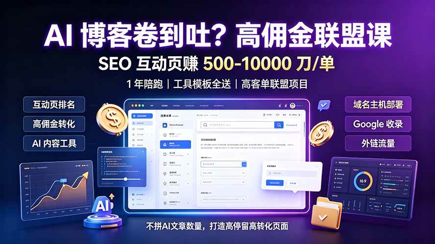 （19390期）AI 博客卷到吐？高佣金联盟课：SEO 互动页赚 500-10000 刀 单，1 年陪跑 + 工具模板全送-离锋创库