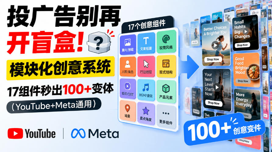 投广告别再开盲盒！模块化创意系统，17组件秒出100+变体（YouTube+Meta通用）【原创双语字幕】-离锋创库