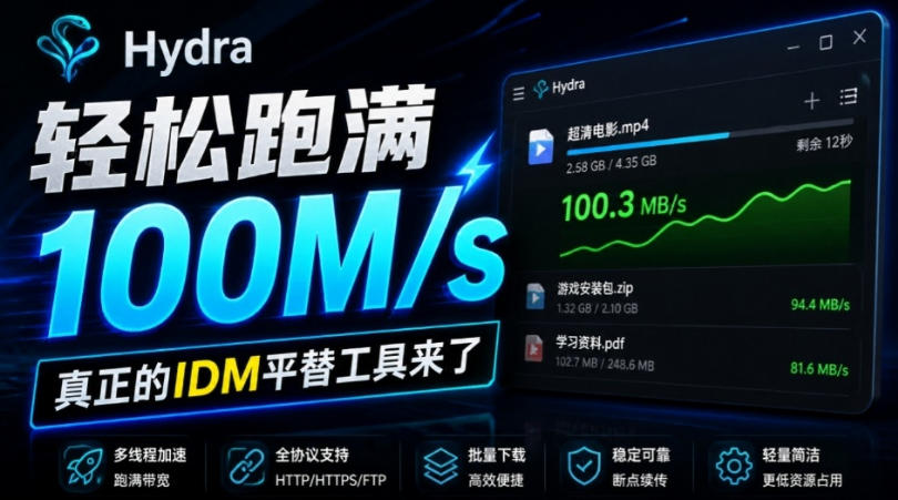 轻松跑满100M/s，真正的IDM平替工具来了，开源多线程器，支持浏览器拓展，一键智能加速Hydra Download Manager-离锋创库