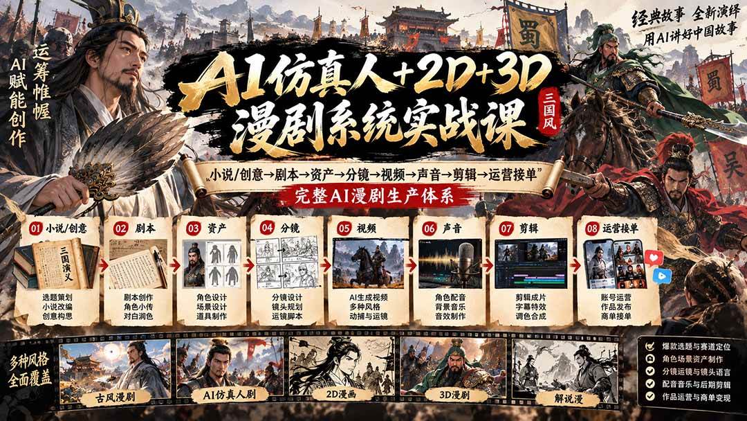 (20685期)AI仿真人+2D+3D漫剧系统实战课:小说/创意→剧本→资产→分镜→视频→声音→剪辑→运营接单,完整AI漫剧生产体系-离锋创库