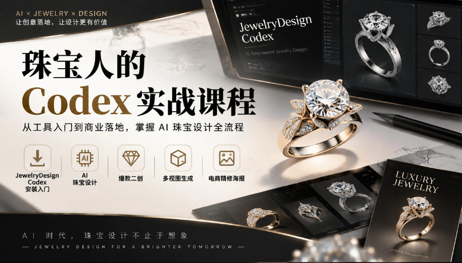 珠宝人的Codex实战课程｜JewelryDesign Codex安装入门、AI珠宝设计、爆款二创、多视图生成、电商精修海报全链路教学-离锋创库
