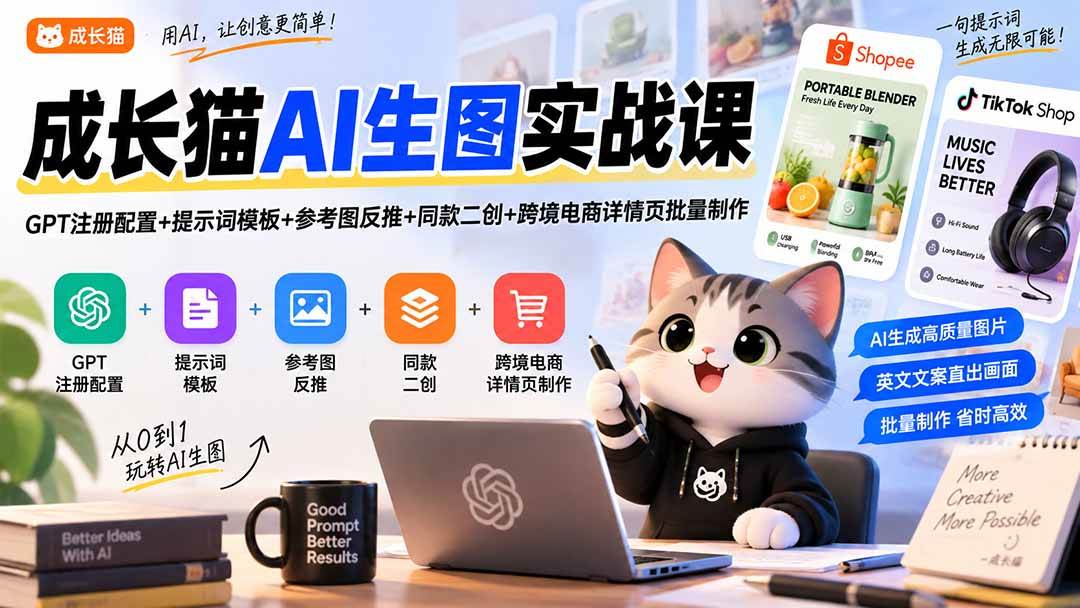 （20482期）成长猫AI生图实战课｜GPT注册配置+提示词模板+参考图反推+同款二创+跨境电商详情页批量制作-离锋创库