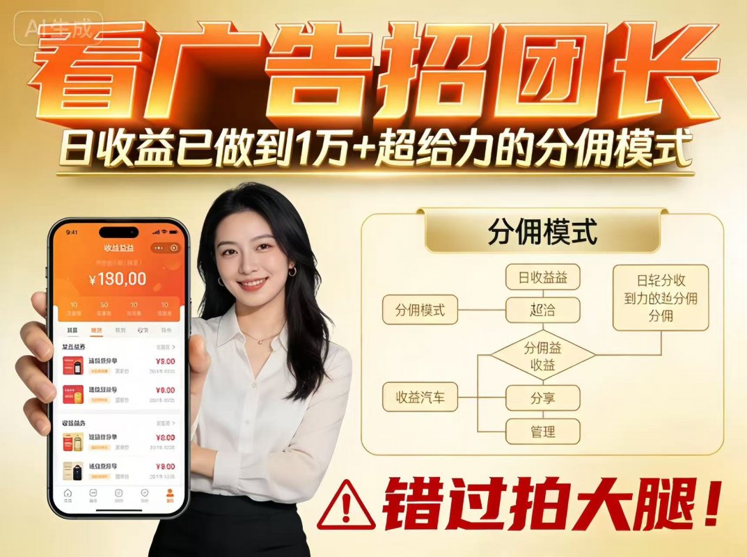 看广告招团长，团队收益已做到日入1万，分佣模式超给力，错过拍大腿-离锋创库