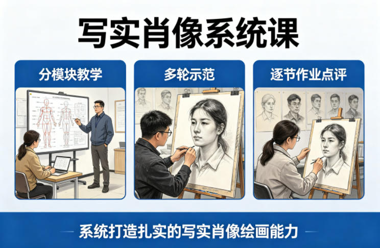 写实肖像系统课，全程分模块教学+多轮示范+逐节作业点评，系统打造扎实的写实肖像绘画能力-离锋创库