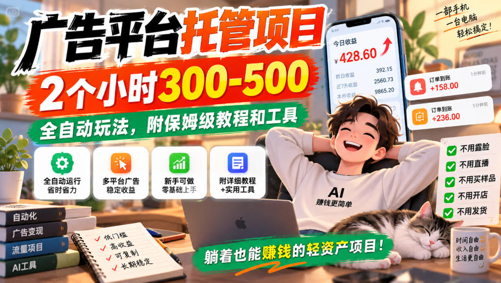 广告平台托管项目，2个小时300-500，全自动玩法，附保姆级教程和工具，小白照着就能做【揭秘】-离锋创库