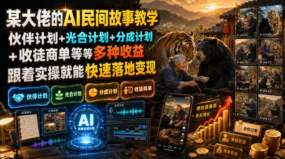 某大佬的AI民间故事教学,伙伴计划+光合计划+分成计划+收徒商单等多种收益,跟着实操就能快速落地变现-离锋创库