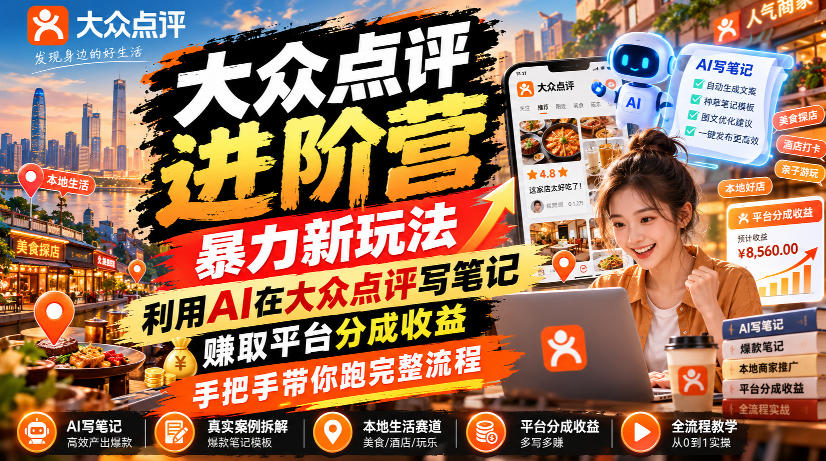 大众点评进阶营，暴力新玩法，利用AI在大众点评写笔记， 賺取平台分成收益，手把手带你跑完整流程-离锋创库