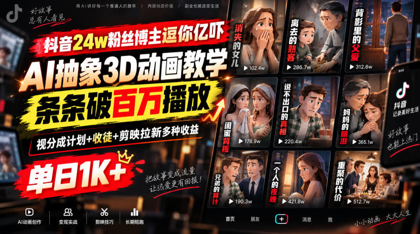 【精】抖音24w粉丝博主逗你亿吓AI抽象3D动画教学,条条破百万播放,分成计划+收徒+剪映拉新多种收益,单日1K+ 【精】抖音24w粉丝博主逗你亿吓AI抽象3D动画教学,条条破百万播放,分成计划+收徒+剪映拉新多种收益,单日1K+